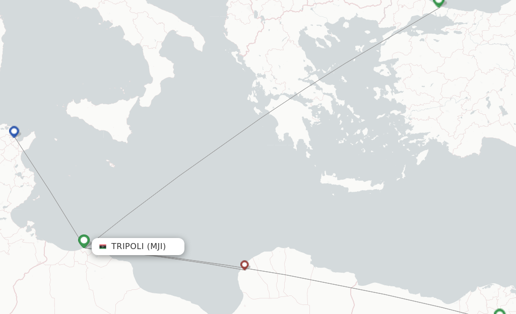 Route map with flights from Mitiga, Tripoli with NULL