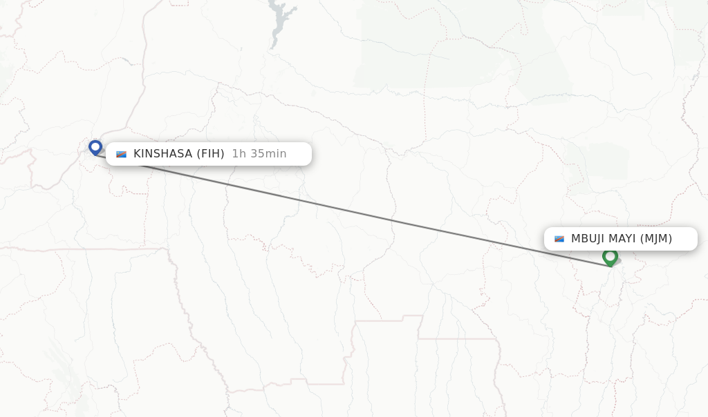 Flights from Mbuji Mayi to Kinshasa route map