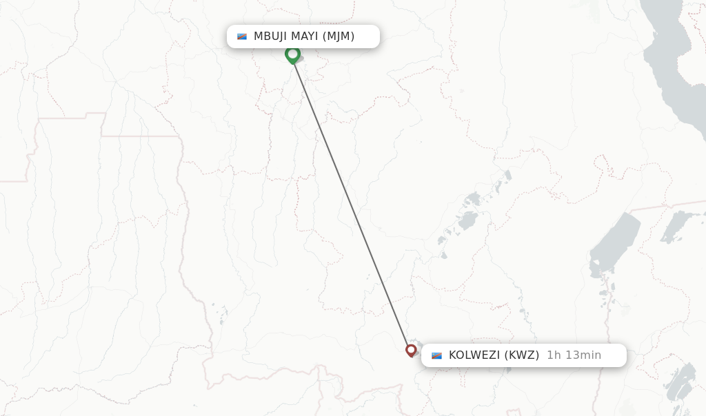 Flights from Mbuji Mayi to Kolwezi route map