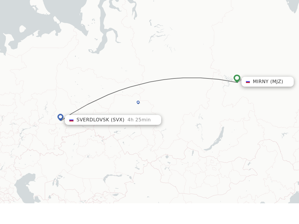Flights from Mirnyj to Yekaterinburg route map