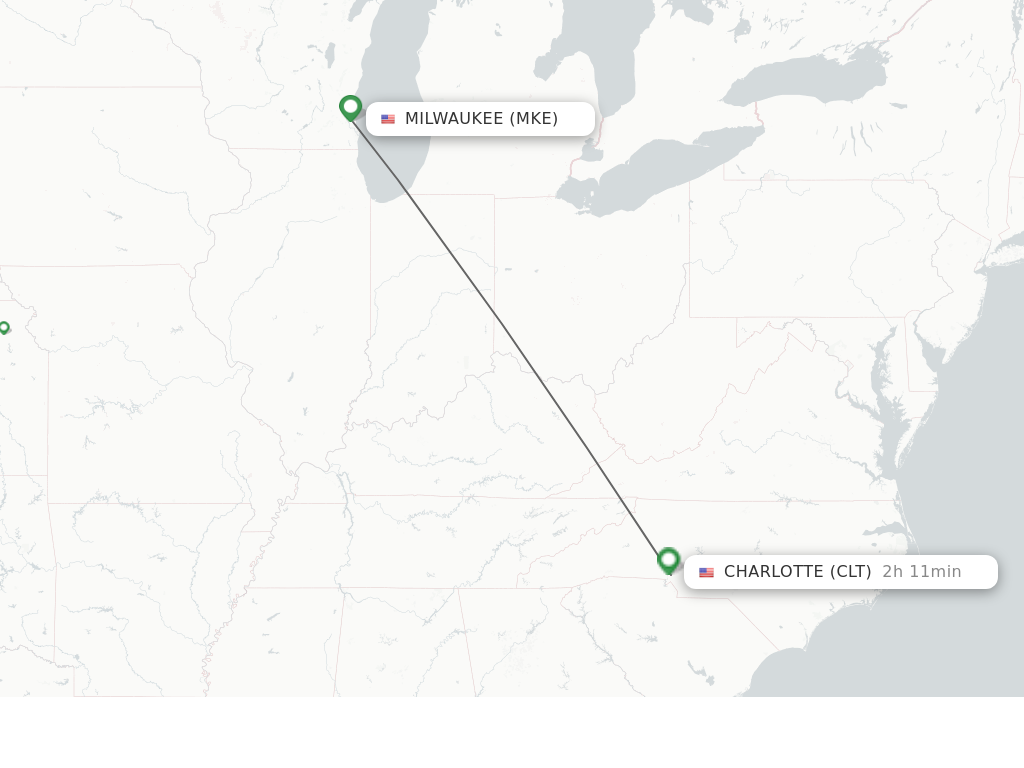 Flights from Milwaukee to Charlotte route map