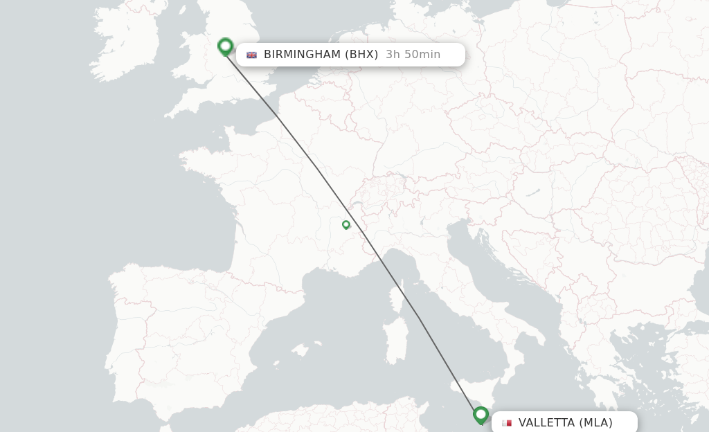 Flights from Malta to Birmingham route map