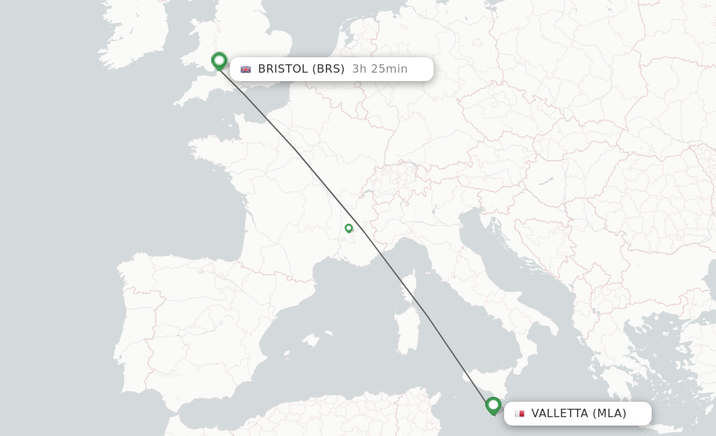 Flights from Malta to Bristol route map