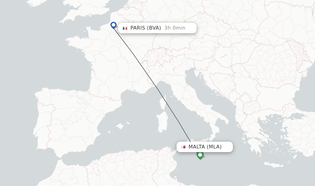 Flights from Malta to Paris route map