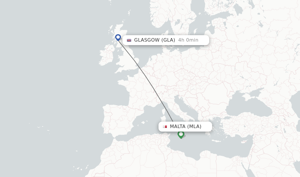 Flights from Malta to Glasgow route map