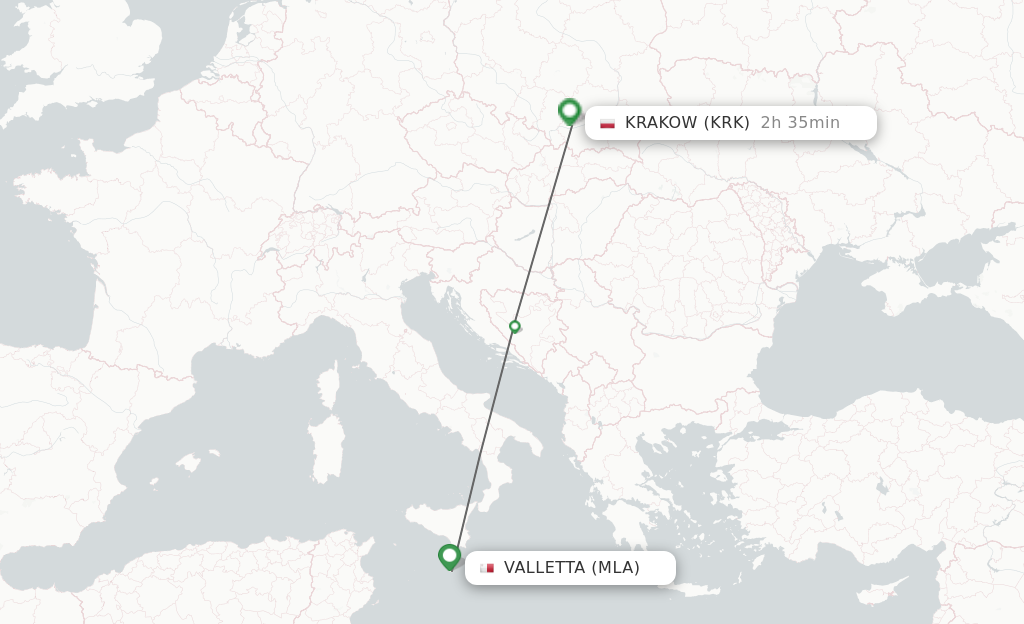 Flights from Malta to Krakow route map