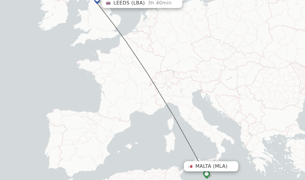 Flights from Malta to Leeds route map