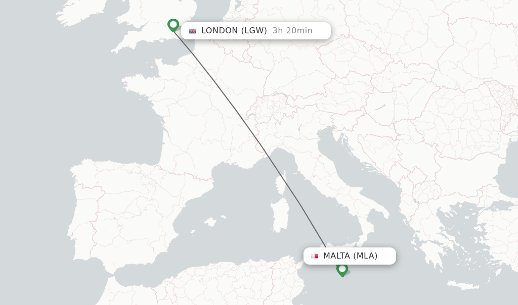 Flights from Malta to London route map