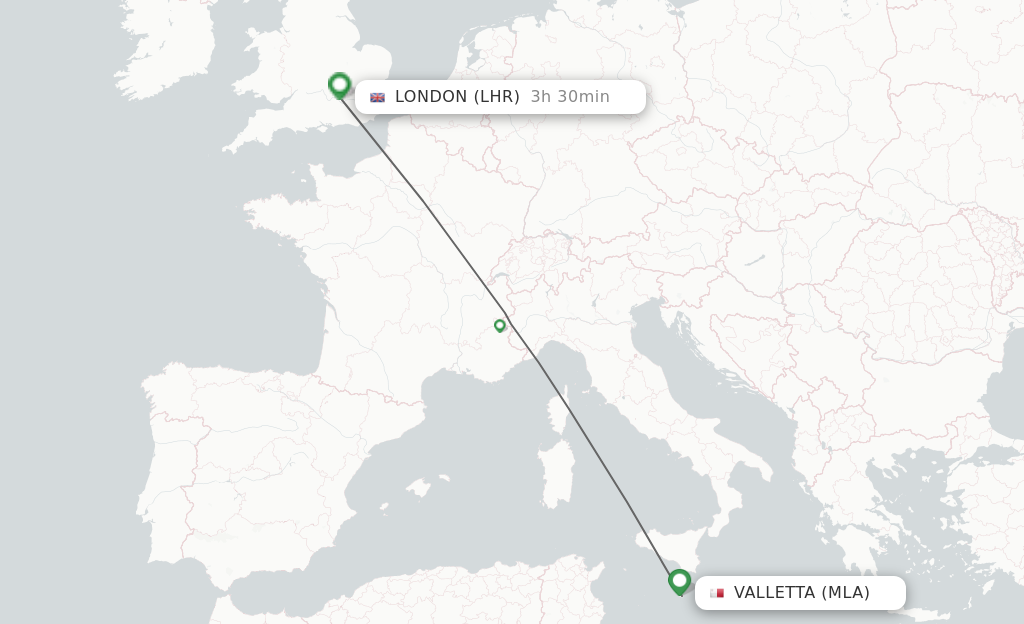 Flights from Malta to London route map