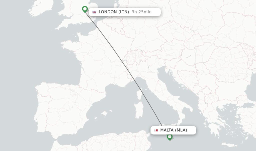 Flights from Malta to London route map