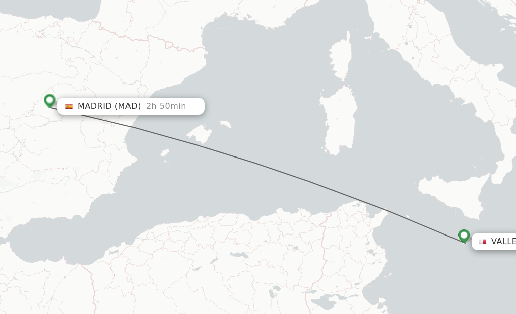 Flights from Valletta to Madrid route map