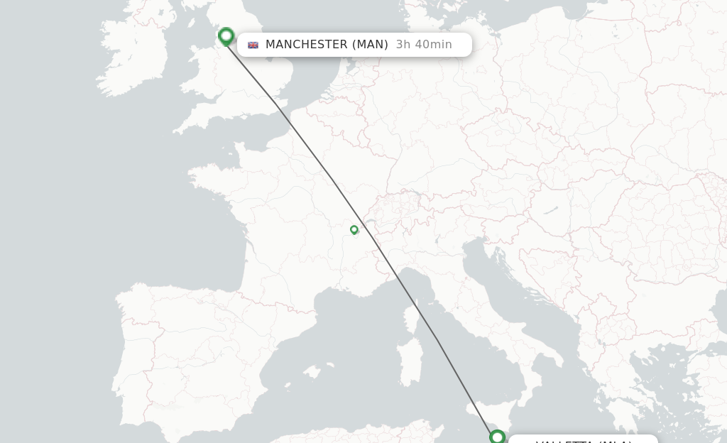 Flights from Malta to Manchester route map