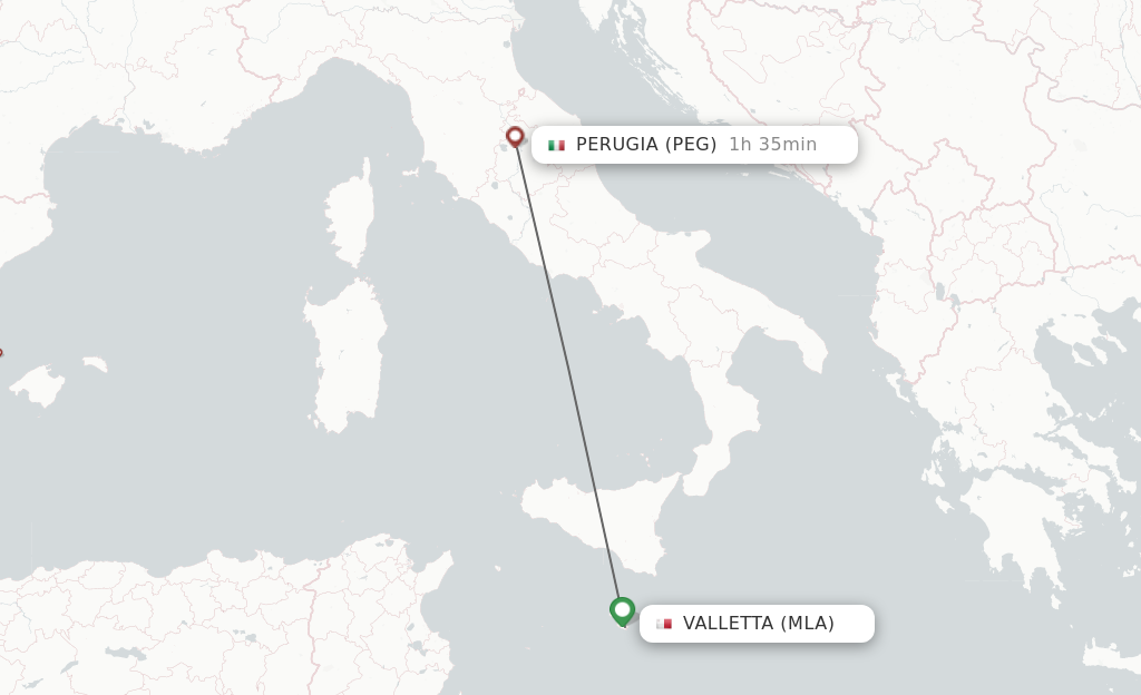 Flights from Malta to Perugia route map