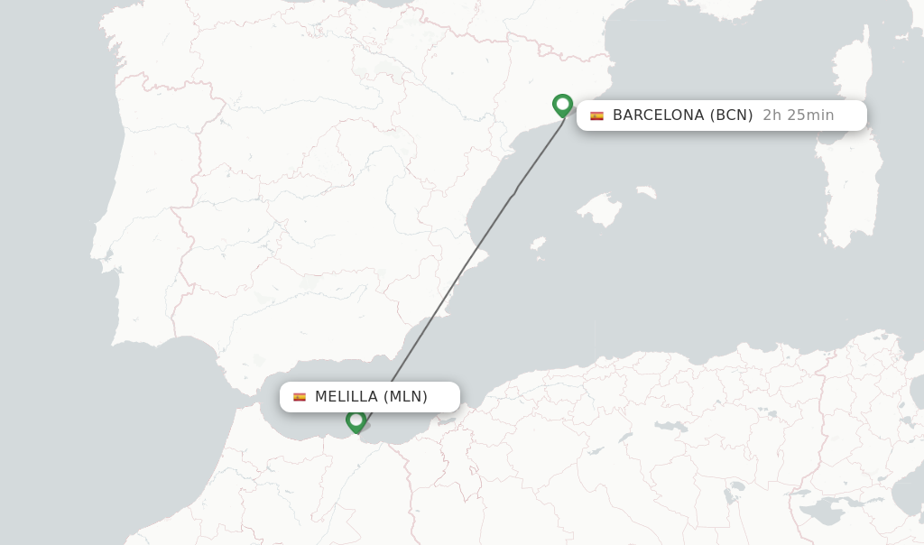 Flights from Melilla to Barcelona route map