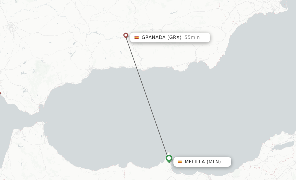 Flights from Melilla to Granada route map