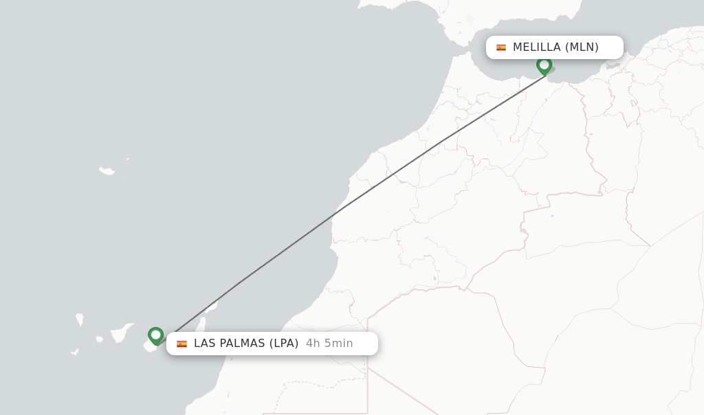 Flights from Melilla to Las Palmas route map