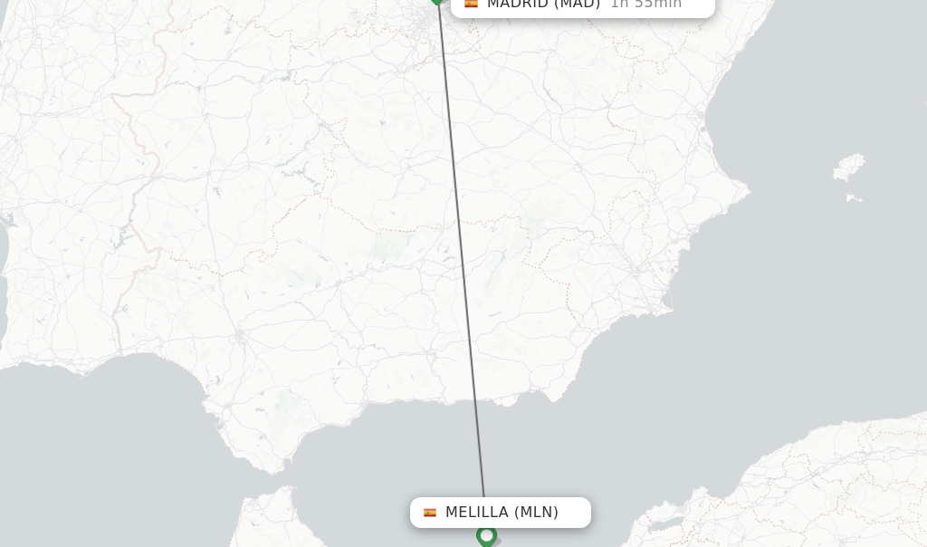 Flights from Melilla to Madrid route map