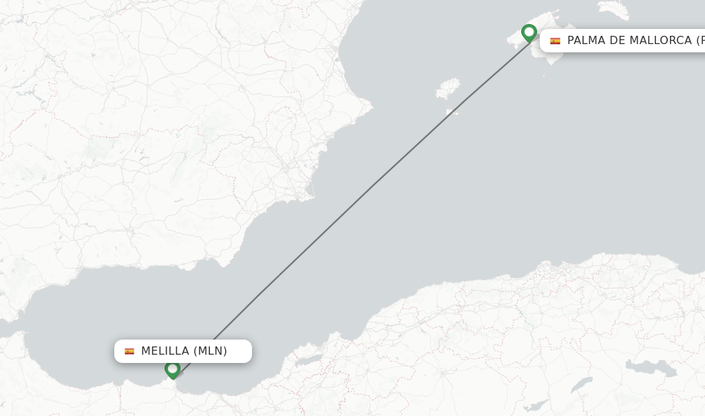 Flights from Melilla to Palma de Mallorca route map
