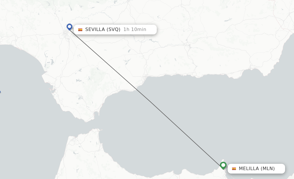 Flights from Melilla to Sevilla route map