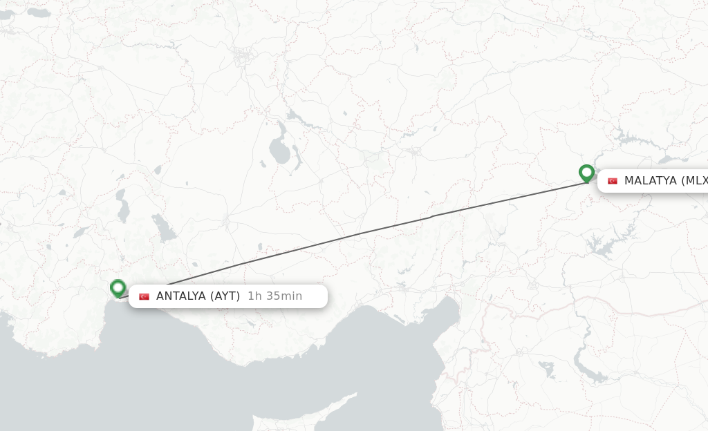 Flights from Malatya to Antalya route map