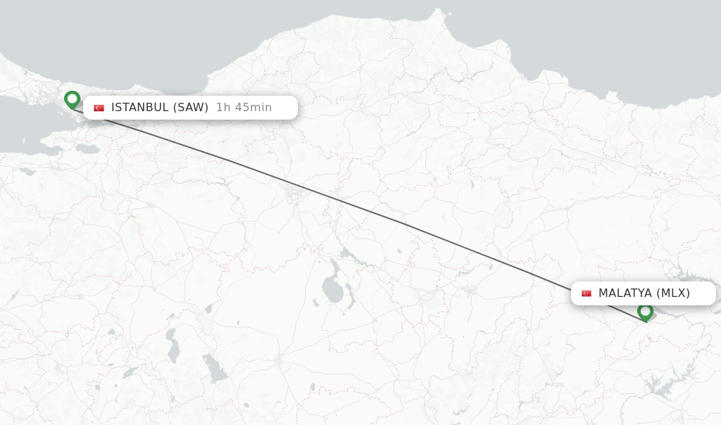 Flights from Malatya to Istanbul route map