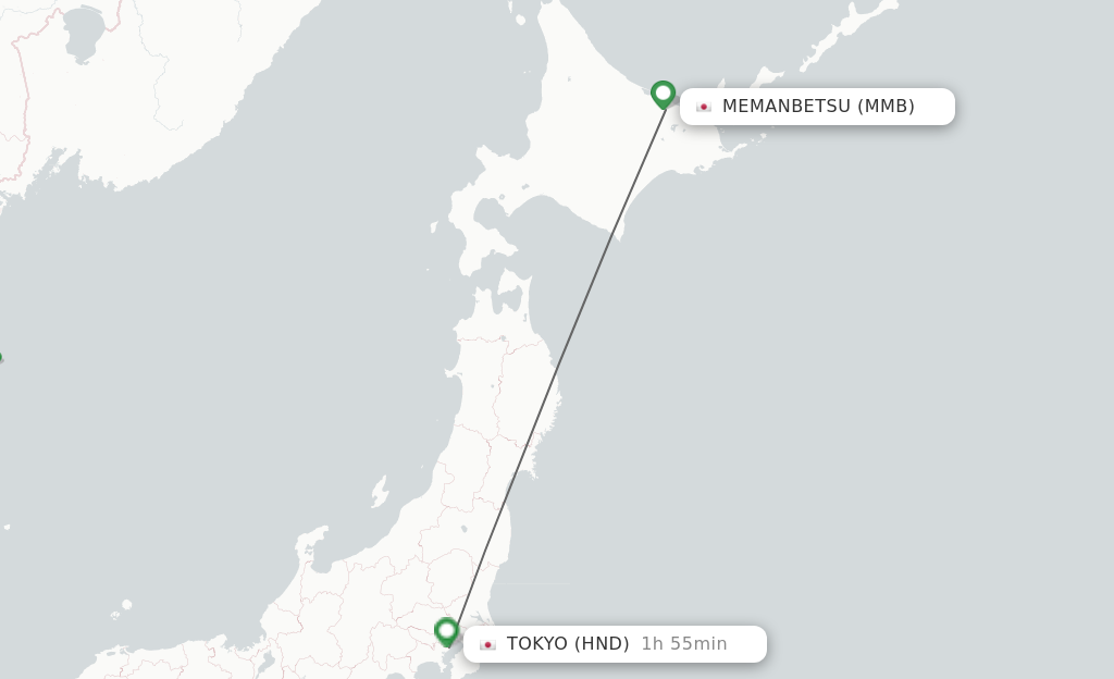 Flights from Memanbetsu to Tokyo route map