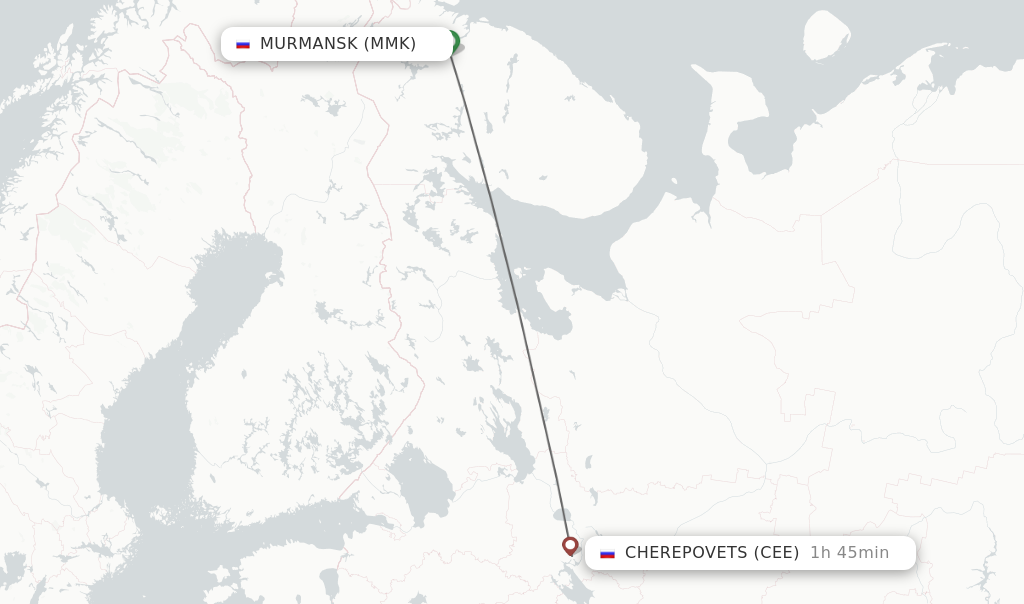 Flights from Murmansk to Cherepovets route map