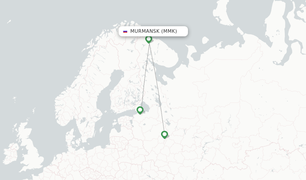 Route map with flights from Murmansk with Aeroflot
