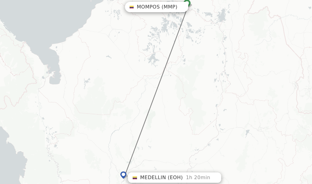 Flights from Mompos to Medellin route map