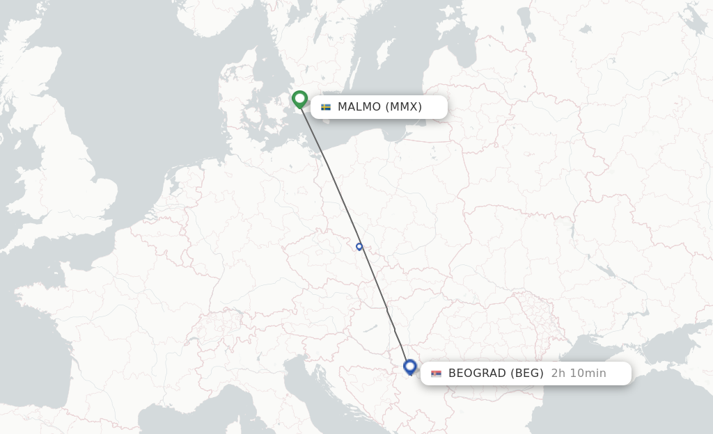 Flights from Malmo to Belgrade route map