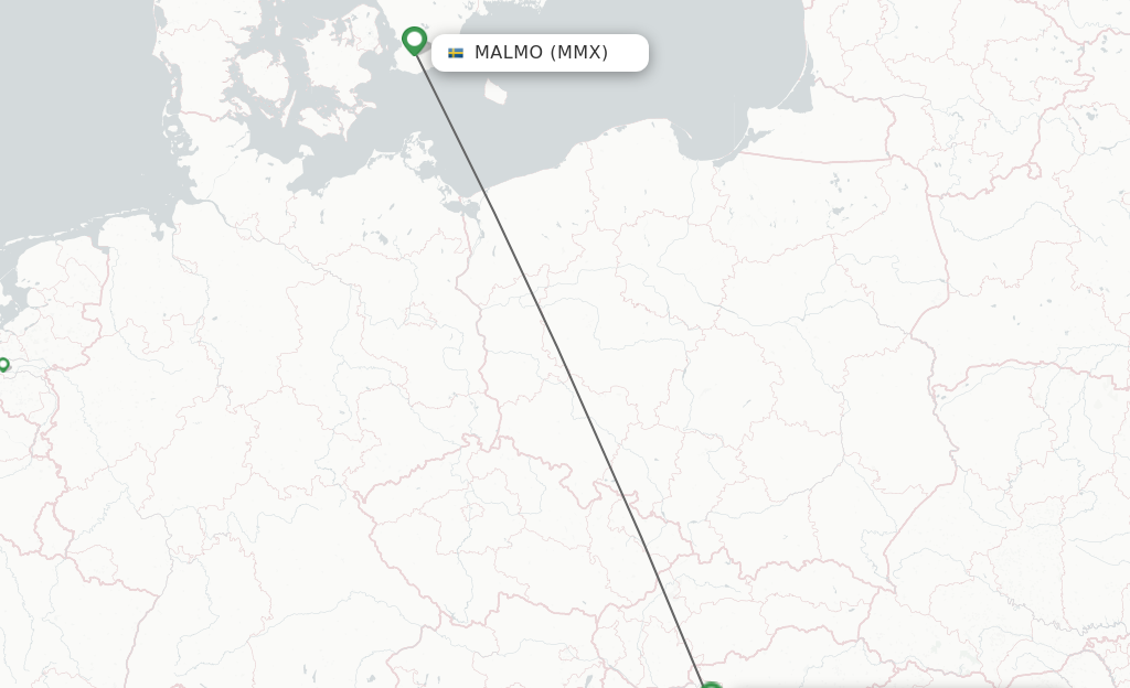 Flights from Malmo to Budapest route map