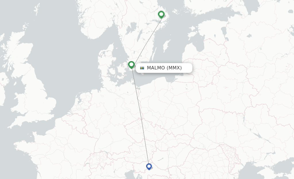 Route map with flights from Malmo with Ryanair