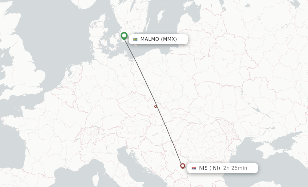 Flights from Malmo to Nis route map