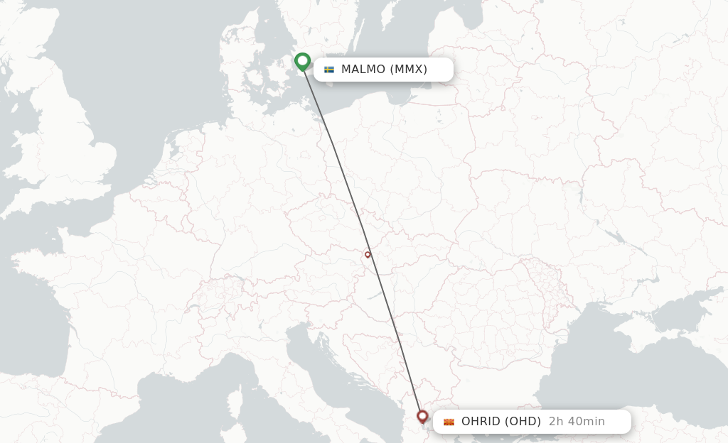 Flights from Malmo to Ohrid route map