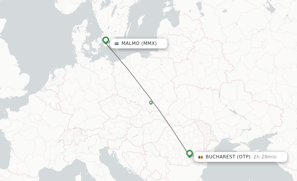 Flights from Malmo to Bucharest route map