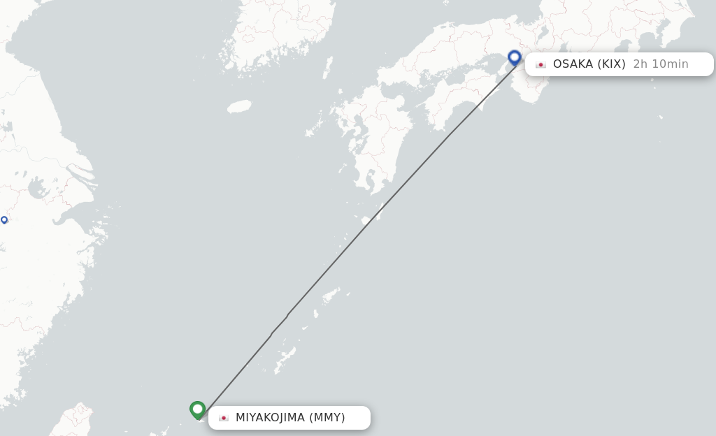Flights from Miyakojima to Osaka route map
