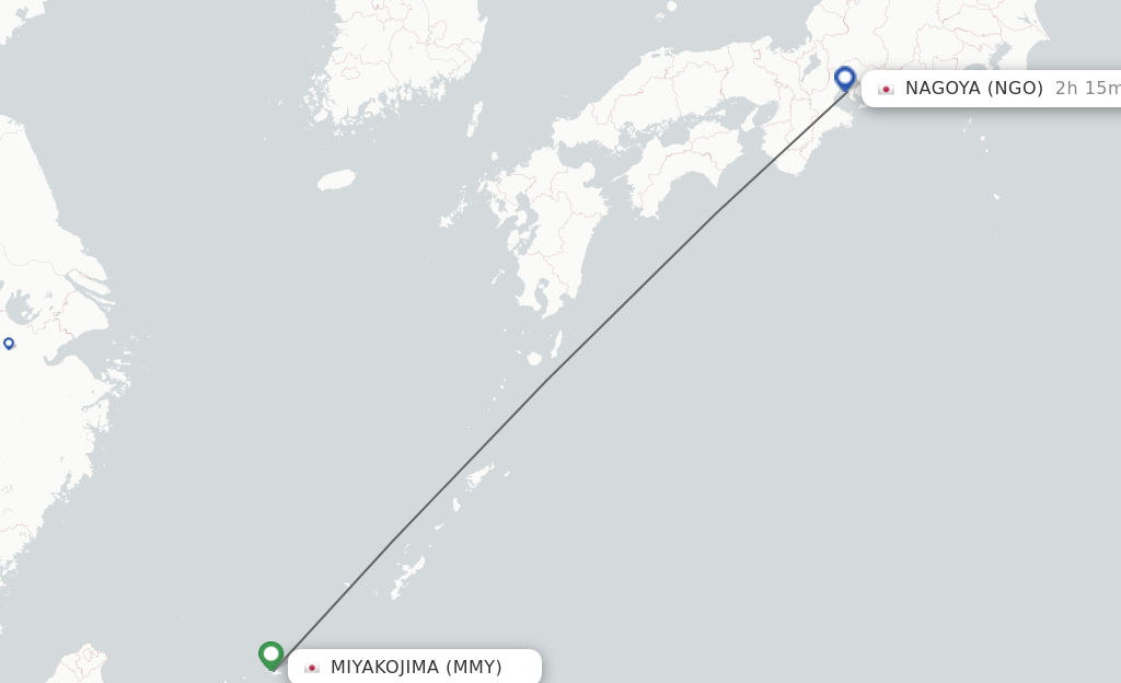 Flights from Miyakojima to Nagoya route map