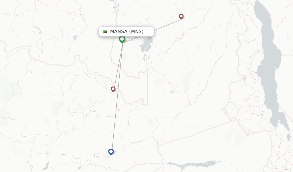 Route map with flights from Mansa with Proflight Zambia