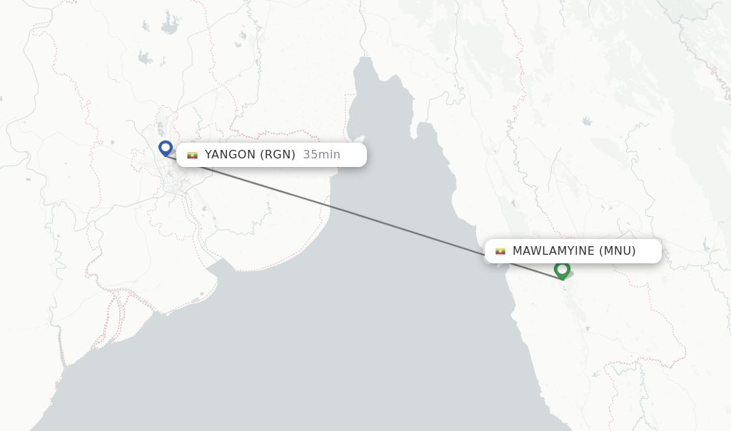 Flights from Mawlamyine to Yangon route map