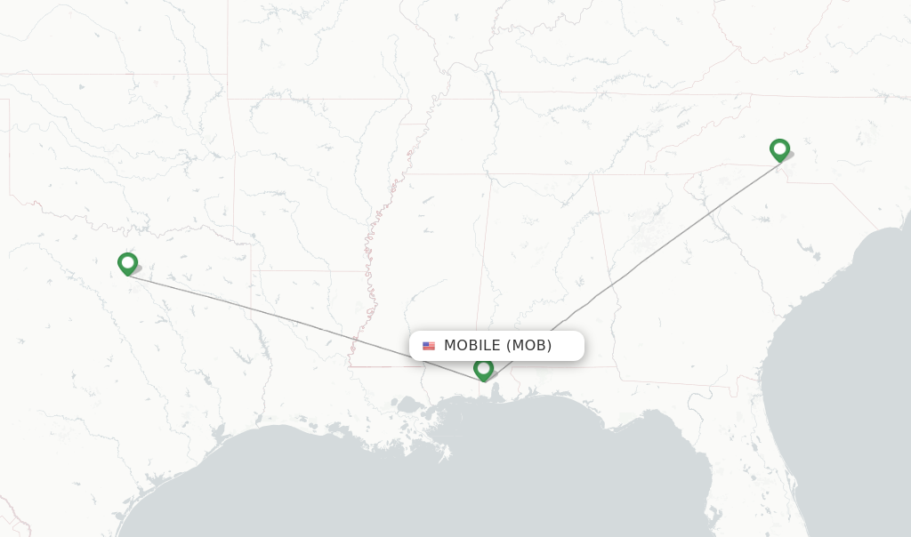Route map with flights from Mobile with American Airlines