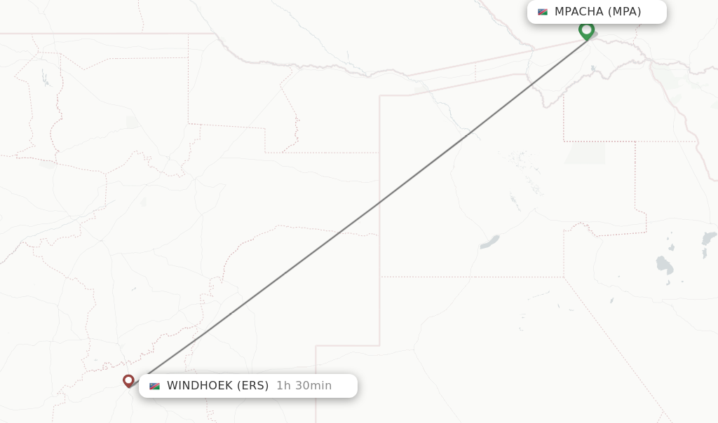 Flights from Mpacha to Windhoek route map
