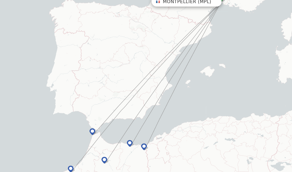 Route map with flights from Montpellier with Air Arabia Maroc