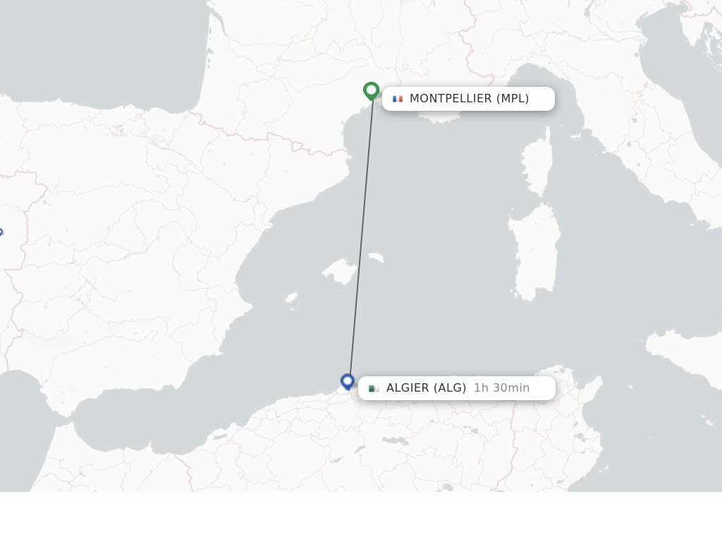 Flights from Montpellier to Algier route map