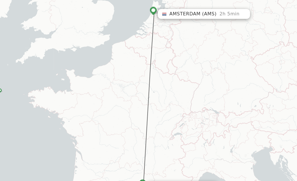 Flights from Montpellier to Amsterdam route map