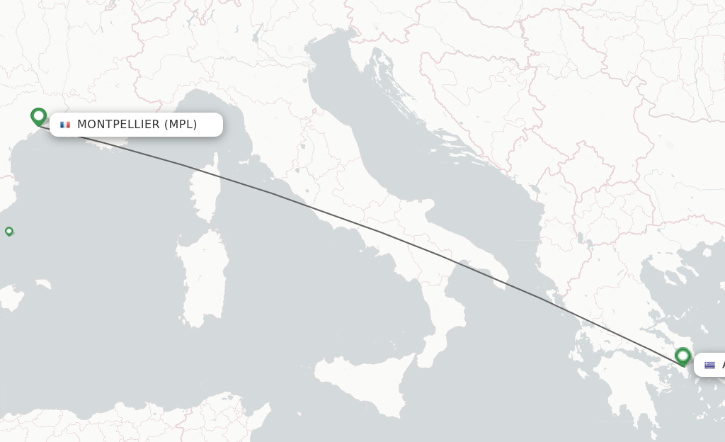 Flights from Montpellier to Athens route map