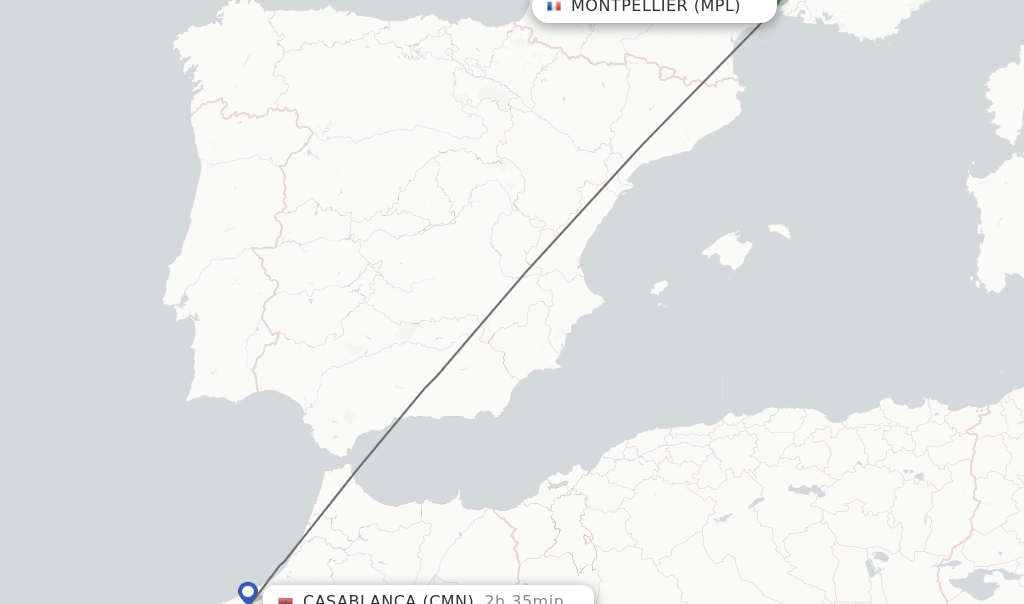 Flights from Montpellier to Casablanca route map