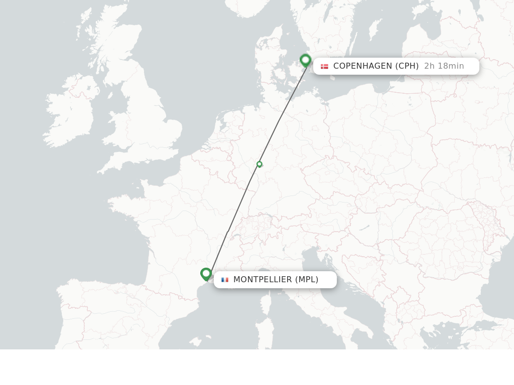 Flights from Montpellier to Copenhagen route map