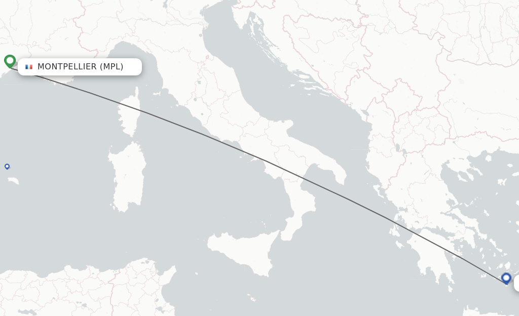 Flights from Montpellier to Thira route map