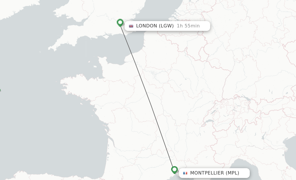 Flights from Montpellier to London route map