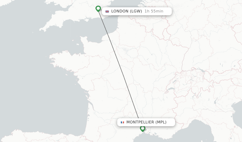 Flights from Montpellier to London route map